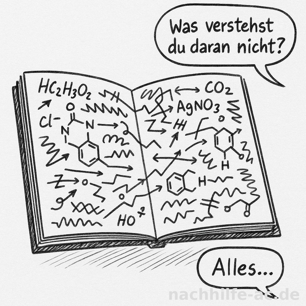 Satirische Zeichnung über das Verständnisproblem vieler Medizinstudenten bei Chemie